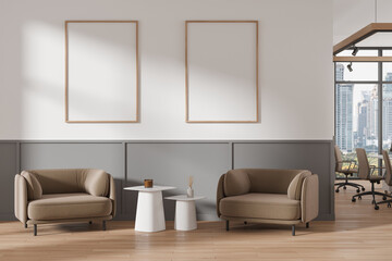 Office interior with lounge and work zone with window. Mockup frames