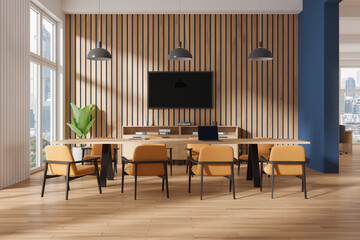 White and wooden board room interior with TV