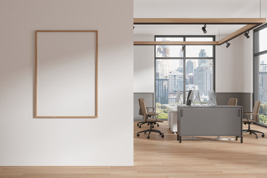 Modern office business room interior with panoramic window. Mockup frame