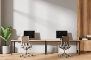 Modern office room interior with pc computer on table in row, mock up wall