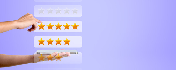 Woman with phone giving five stars rating