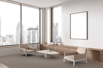Stylish home living room interior with drawer and window, mockup frame