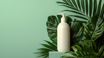 Backstage natural beauty product presentation in an outdoor forest setting with a 3D shampoo bottle, Generative AI.