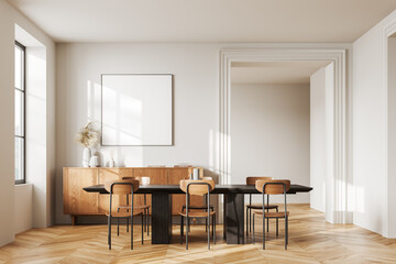 Modern living room interior with drawer and panoramic window, mockup frame