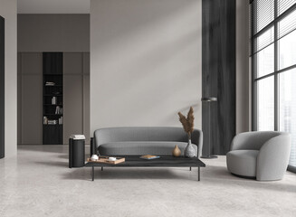 Gray and wooden living room with couch and armchair