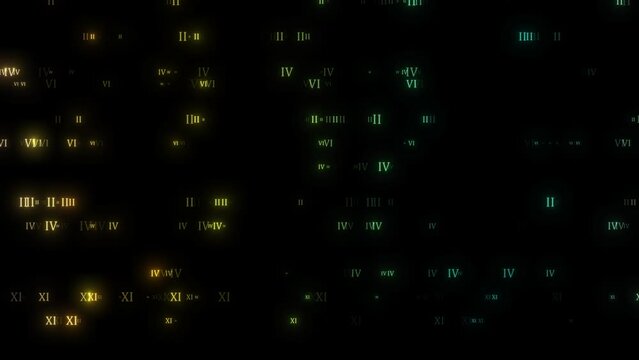 Digital Glowing Roman Numerals Positive Number Animation Like Matrix Code. Roman Number Falling Down On Black Background. Roman Number 1 To 10  On Dark Black Background. Roman Numerals Number, Roman A