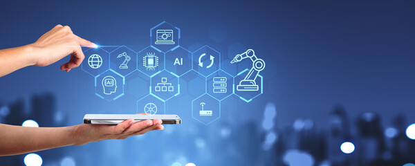Woman hands with phone in city and smart industry control
