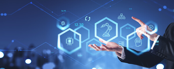 Man hands touching virtual screen with factory controls and robot industry
