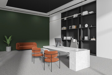 Office business interior with relax and consulting zone, shelf and decoration