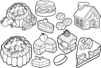 Bundle of pastry, cakes, teatime desserts - Strawberry Shortcake, Paris-Brest, macaron, cheesecake, souffle, lemon pie, gingerbread house, biscuits