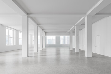 Stylish empty office interior and columns, panoramic window on skyscrapers