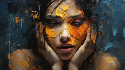 A closeup colorful digital art abstract illustration face of a depressed woman with paint brush strokes, face and eyes shows the expressions of helpless feeling     