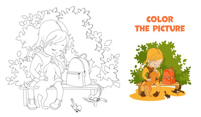 Fototapeta premium Cute schoolgirl with pigtails petting a puppy while sitting on a park bench in summer. Coloring page. Cartoon vector illustration.