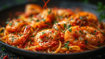 Close up view of delicious spaghetti with prawn. Western food concept.