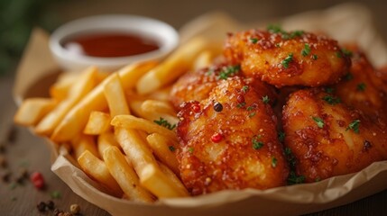 Close up view of delicious crispy fried chickens with chips. Fast food concept. - obrazy, fototapety, plakaty