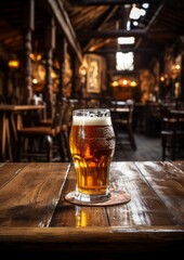 A glass of beer on a wooden table in a pub. Generative AI.