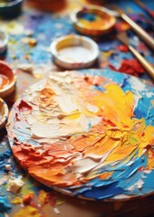 Naklejka premium Tempera colors with brushes on a light background. Generative AI.