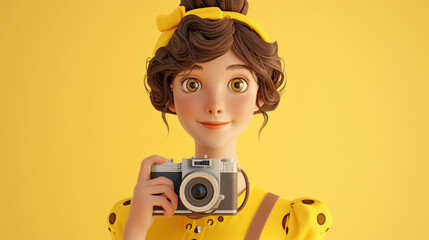 A cheerful and stylish cartoon woman with a camera, captured in a vibrant 3D headshot illustration. She is wearing a trendy lemon yellow tunic, adding a pop of color to her overall look. Thi - obrazy, fototapety, plakaty