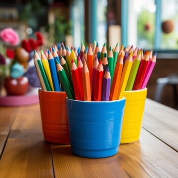 Colored crayons in a cup placed on a table in the interior of a kindergarten. Generative AI.