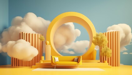 abstract minimal yellow background with white clouds flying around the tunnel landscape
 - obrazy, fototapety, plakaty