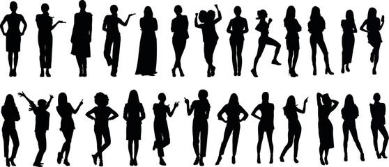 stylish women Silhouette in diverse poses, collection of woman showcasing fashion and elegance on a white background, perfect for design, art, and fashion projects - obrazy, fototapety, plakaty