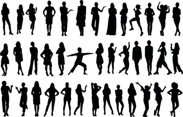 woman silhouettes, Versatile collection of women showcasing diverse poses, fashion styles, ideal for design projects. High quality vector images, perfect for standing, walking, dancing illustrations - obrazy, fototapety, plakaty