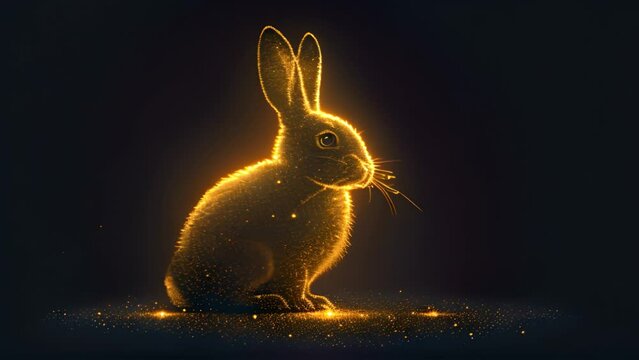 Neon glowing holographic Easter bunny. Glowing neon line Easter rabbit icon isolated on black background. Easter Bunny. 4K Video motion graphic animation. Sparkles moving