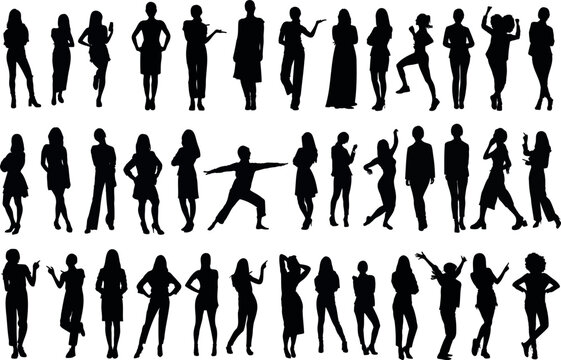 woman silhouettes, Versatile collection of women showcasing diverse poses, fashion styles, ideal for design projects. High quality vector images, perfect for standing, walking, dancing illustrations