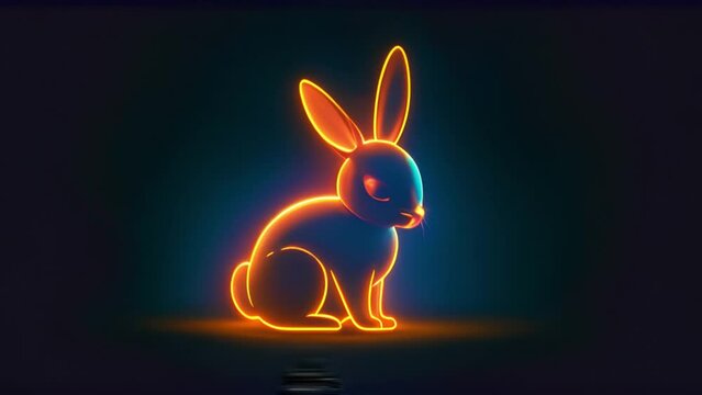 Neon glowing holographic Easter bunny. Glowing neon line Easter rabbit icon isolated on black background. Easter Bunny. 4K Video motion graphic animation. Sparkles moving