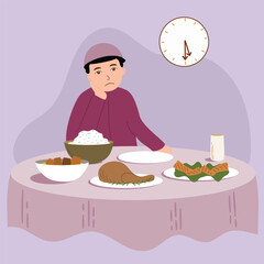 Muslim waiting for having Iftar or Suhoor Ramadan kareem cartoon illustration