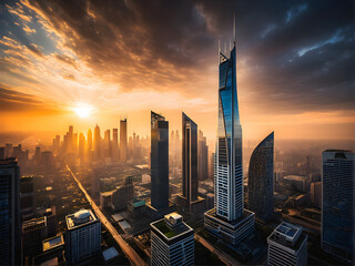 Fototapeta na wymiar Mystical City Sunset: Skyscraper Silhouette and Ethereal Sunlight Weaving an Enchanting Urban Atmosphere. generative AI