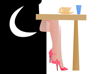 woman sitting at a table and drinking coffee - 727010776