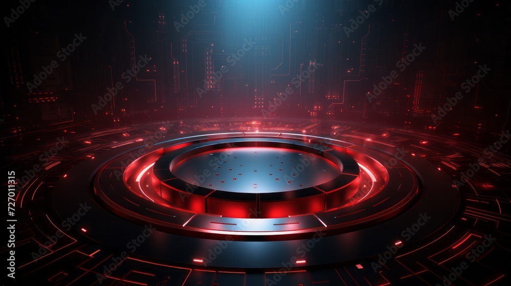 Wall mural vibrant red technology backdrop with abstract digital tech circles - copy space available