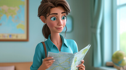 A vibrant, 3D headshot illustration of a cheerful cartoon woman wearing an aquamarine blouse and holding a map. Perfect for travel blogs, adventure websites, and maps-related content.