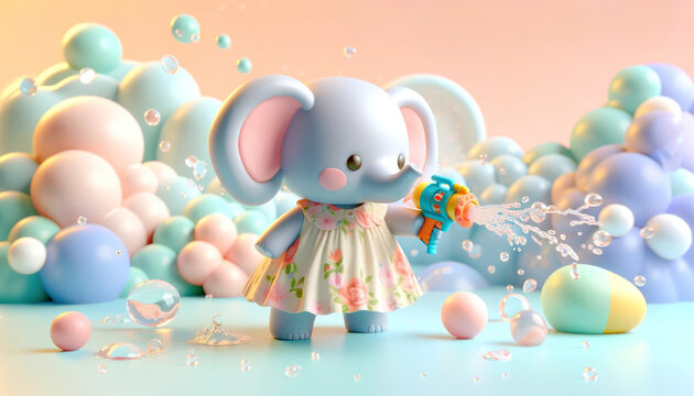 Thai elephant holding a water gun on Songkran Day in Thailand