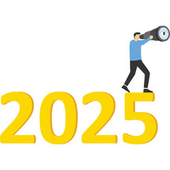 Year 2024 business outlook, vision to see the way forward, forecast, prediction and business success concept, businessman leader using telescope to see vision on top of ladder above year 2025 number

