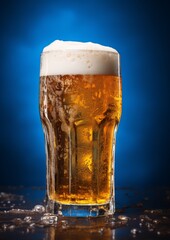 A glass of beer on a blue background. Generative AI.