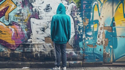 Against a wall adorned with street art, a stylish urbanite wears a deep teal hoodie, the...