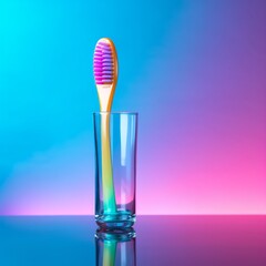 Colored toothbrush on a colored background. Generative AI.