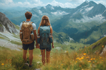 Fototapeta na wymiar A hiking couple enjoying a mountain adventure together.