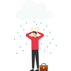 Workload and stress causing depression in office worker, sadness depressed young lady in office uniform with cloud and rain metaphor of mind trouble.

