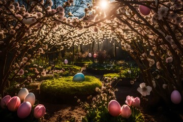 Easter Monday's ethereal egg blossom, where giant eggs bloom like flowers in an otherworldly garden