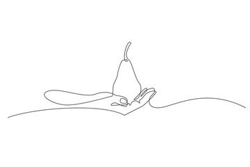 continuous line of hand holding a pear.single line vector of hand and pear.isolated white background