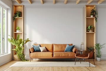 Living room wall mockup in bright tones with leather sofa and leather armchair.3d rendering. generative ai.