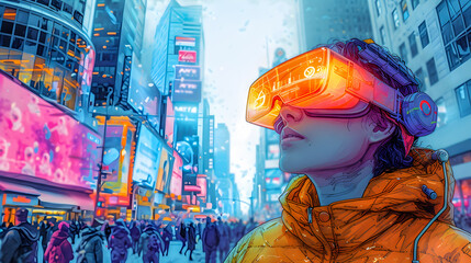 A person in futuristic VR goggles overlooks a snow-dusted cyberpunk cityscape, blending reality and virtual.
