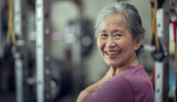 image of smiling older woman doing crossfit in the gym