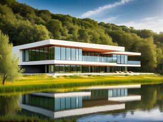 Nature's Embrace: Harmonious Fusion of Modern Architecture and Natural Landscape, a Contemporary Building Emerges Organically. generative AI