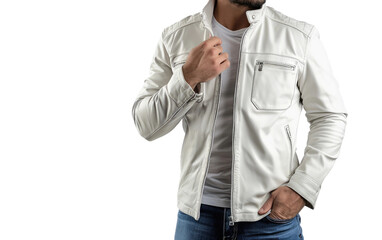 A man wear almas urban white leather jacket Isolated on transparent background.