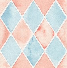 Fototapeta premium Blue And Red Watercolor Harlequin Check Seamless Pattern And Background