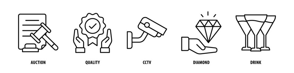 Set of Drink, Diamond, Cctv, Quality, Auction icons, a collection of clean line icon illustrations with editable strokes for your projects